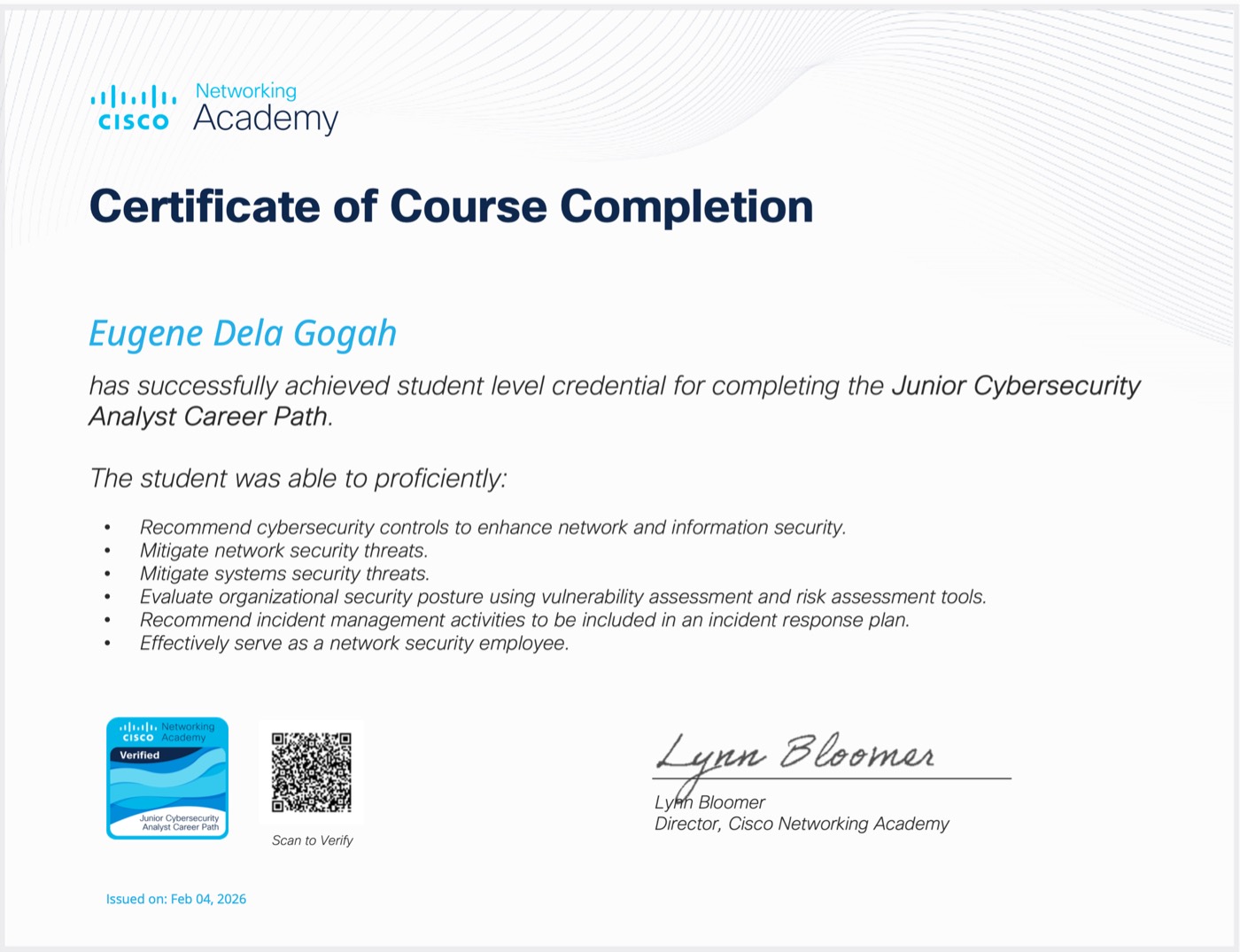 Cisco Cybersecurity Essentials certificate