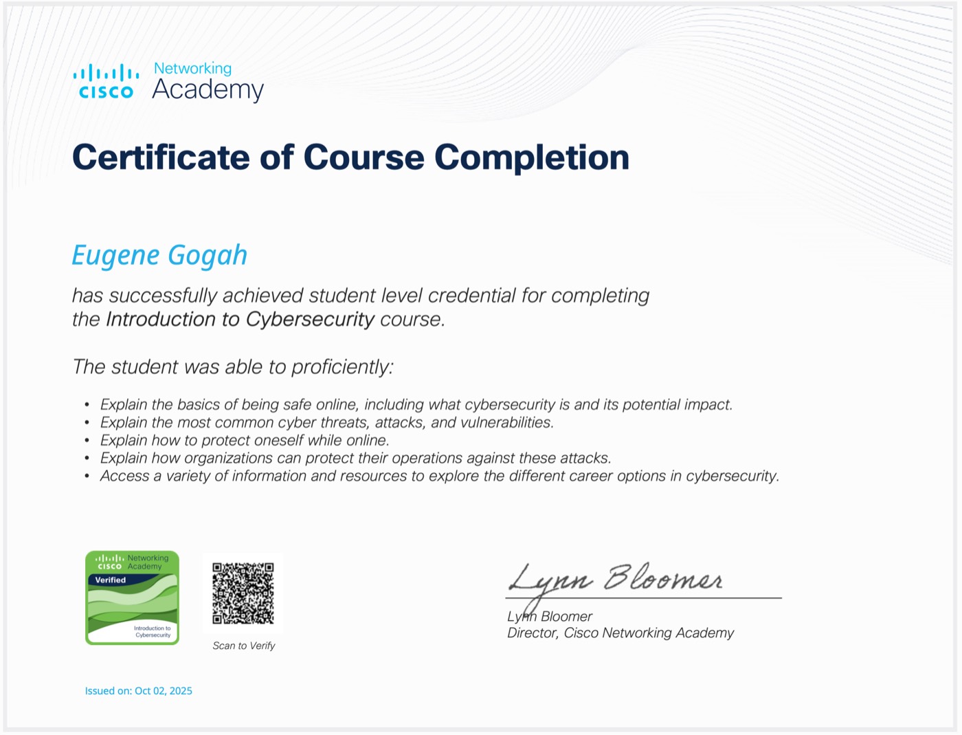 Cisco Intro to Cybersecurity certificate